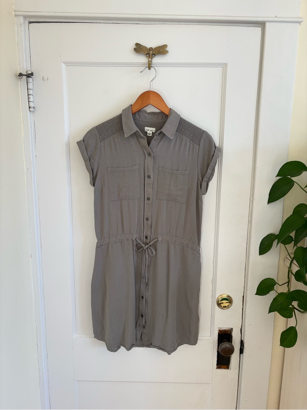 Tribal Jeans Sage Green Button-Front Shirt Dress with Drawstring Waist P/S